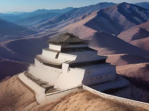 黄土高原山地蜜桃种植基地全景，梯田式果园在晨雾中层次分明，蜜桃树整齐排列绿意盎然，产地直供蜜桃的生态种植环境